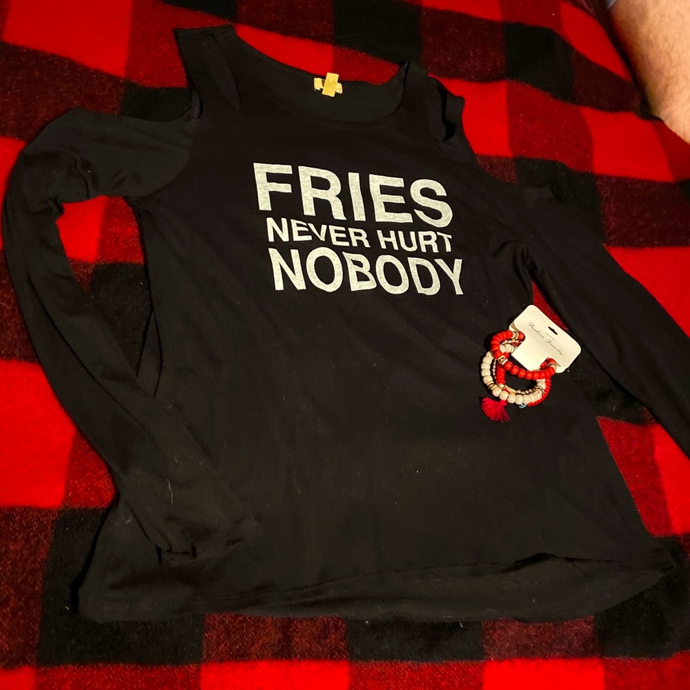 Cold Shoulder Graphic Top- Fries never hurt nobody